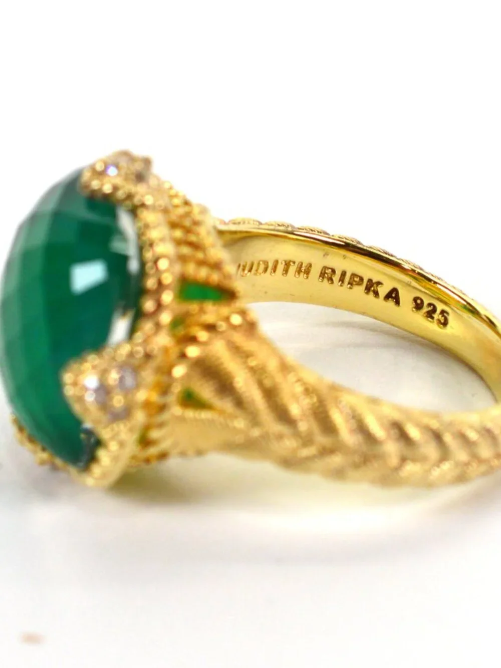 Judith Ripka Gold Plated Sterling Silver Green Goddess Cocktail Ring Sz 9